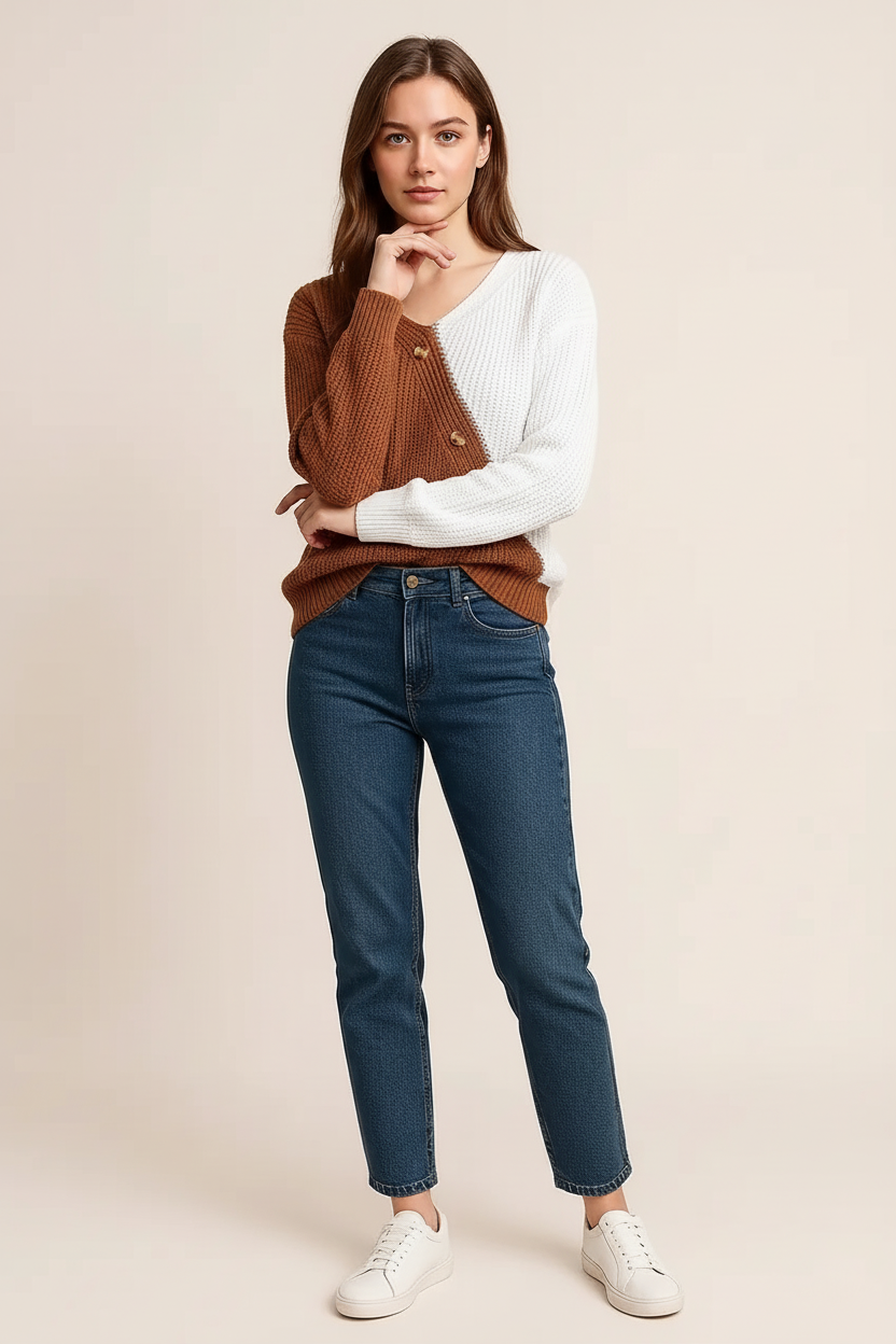 Two-Tone V-Neck Long Sleeve Sweater