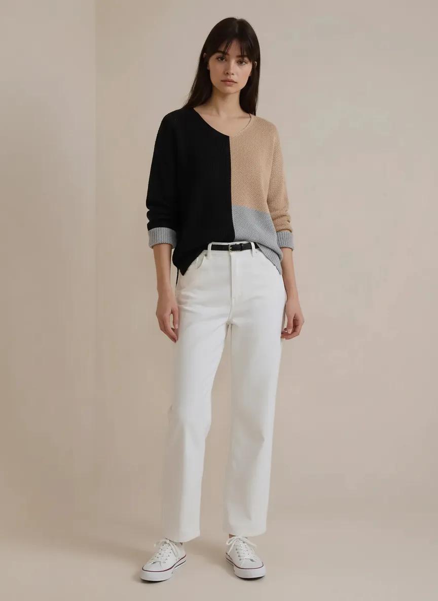 Color Block Knit V Neck Loose Sweater