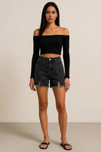 Raw Hem Slit Denim Shorts