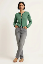 Button-Front Cardigan with Contrast Trim