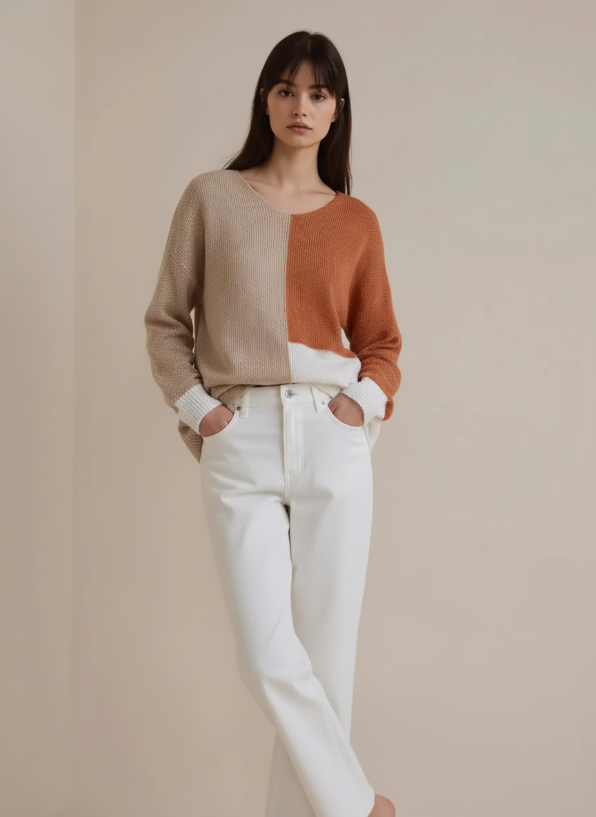 Color Block Knit V Neck Loose Sweater