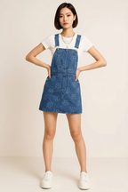 Flower Wide Strap Denim Overall Dress with Pockets