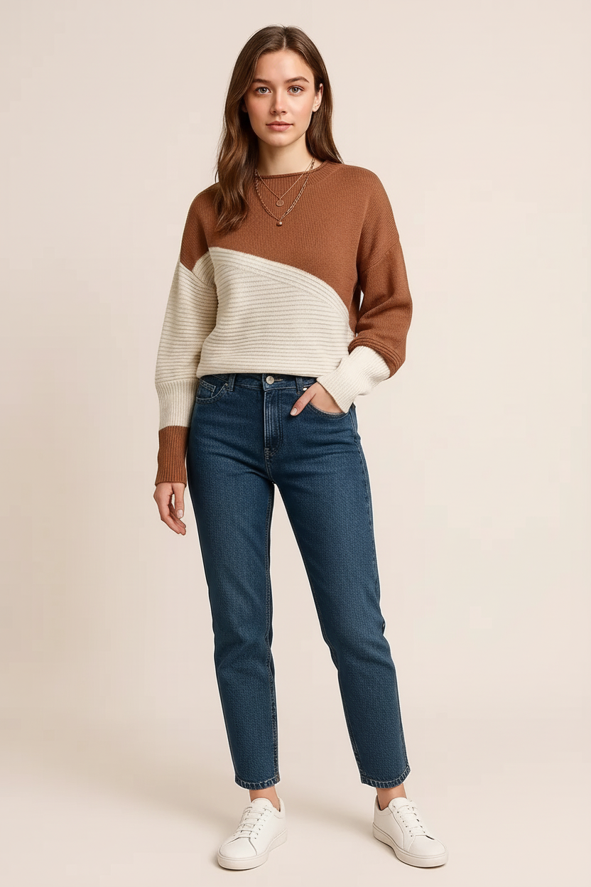 Color Block Ribbed Knit Sweater