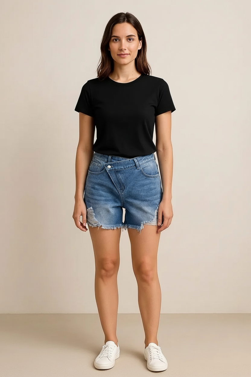 Distressed Raw Hem Asymmetrical Waist Denim Shorts