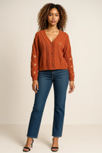 Roseh Cable Knit Button Up Cardigan