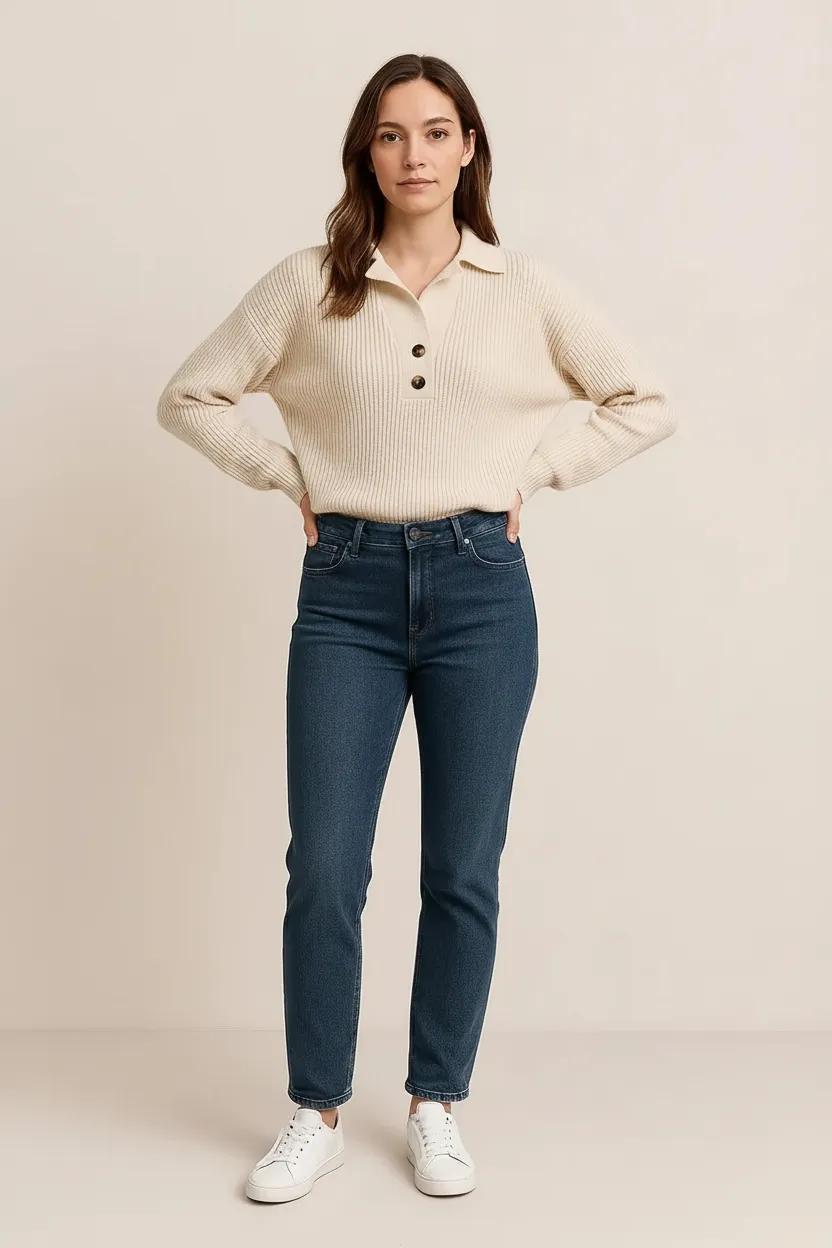 Collared Neck Rib-Knit Top