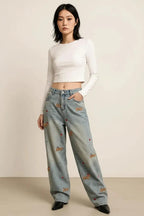 Embroidered Wide Leg Jeans