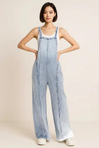 Frayed Exposed Seam Wide Leg Denim Overalls