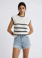 Cable-Knit Striped Round Neck Knit Top