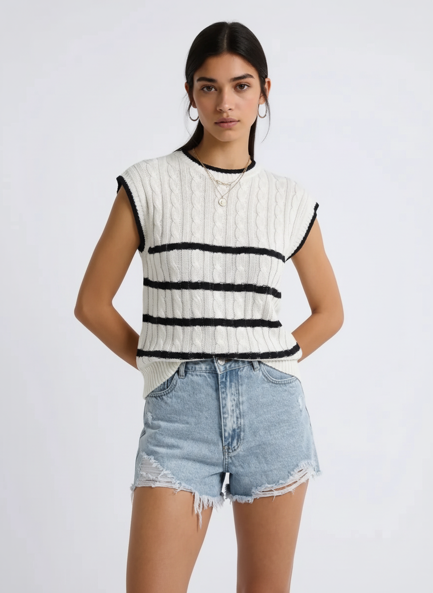 Cable-Knit Striped Round Neck Knit Top