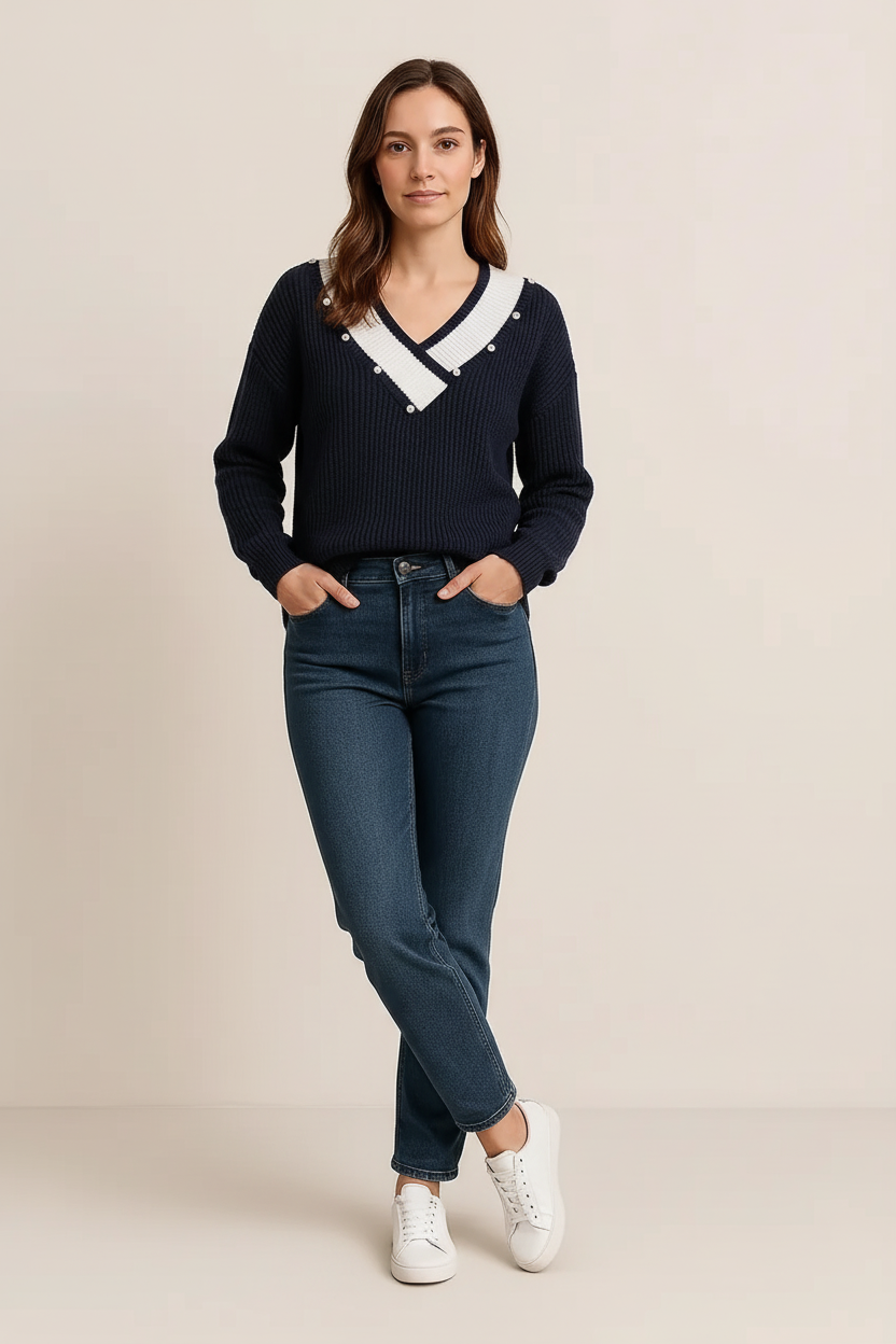Contrast Trim Dropped Shoulder Long Sleeve Sweater