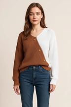 Two-Tone V-Neck Long Sleeve Sweater