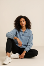 Quarter Zip Collared Neck Denim Top