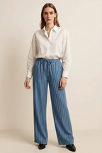 Stripe Chambray Wide Leg Tied Elastic Waist Jeans