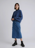 Slit Midi Denim Skirt with Pockets