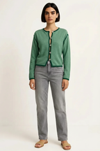 Button-Front Cardigan with Contrast Trim