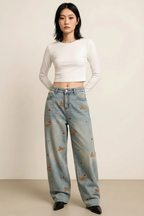 Embroidered Wide Leg Jeans