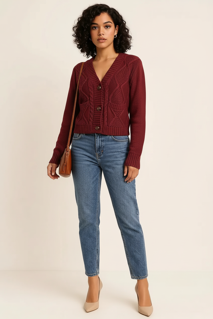 Cable-Knit Button Down V-Neck Cardigan