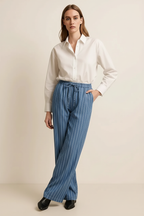 Stripe Chambray Wide Leg Tied Elastic Waist Jeans