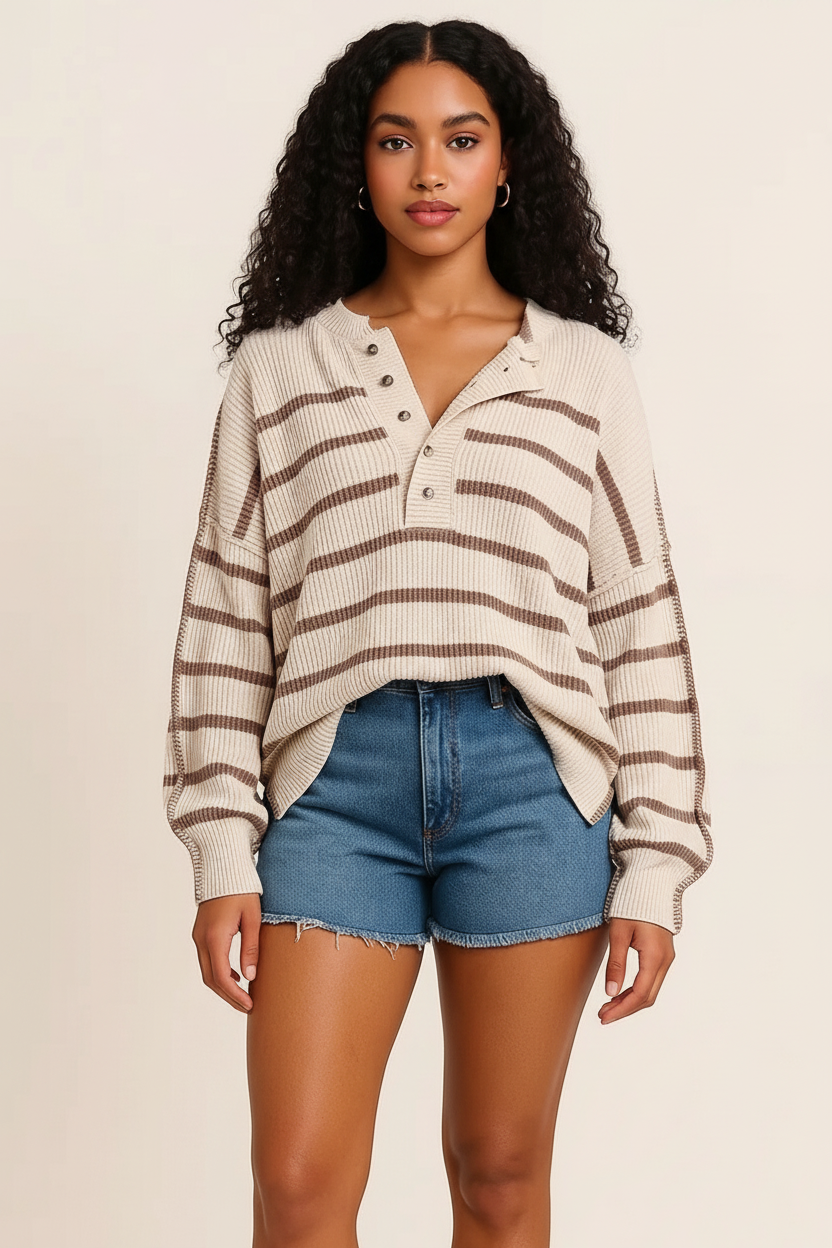 Stripe Ribbed Henley Drop Shoulder Slouchy Sweater