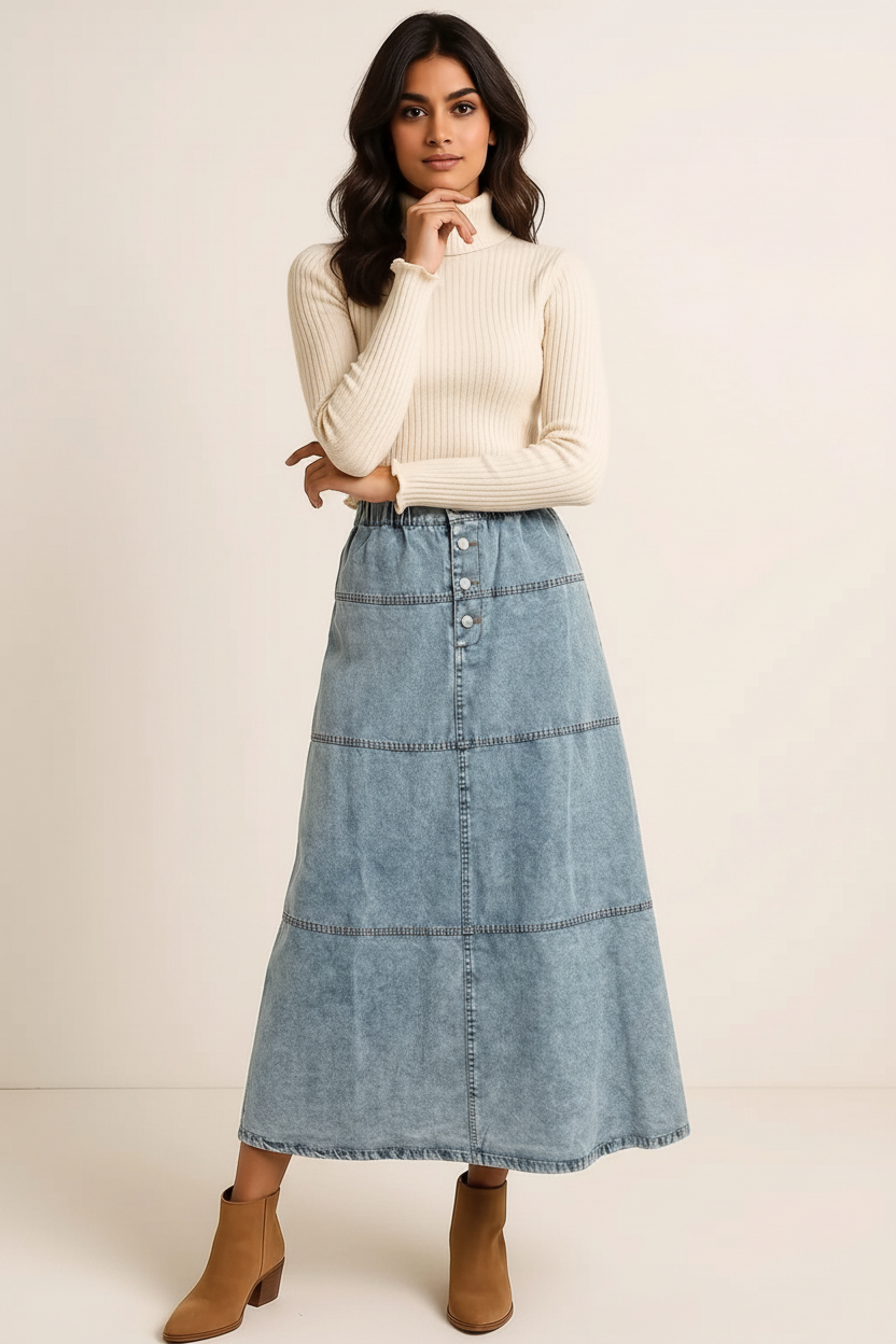 Button-Front Tiered Maxi Denim Skirt