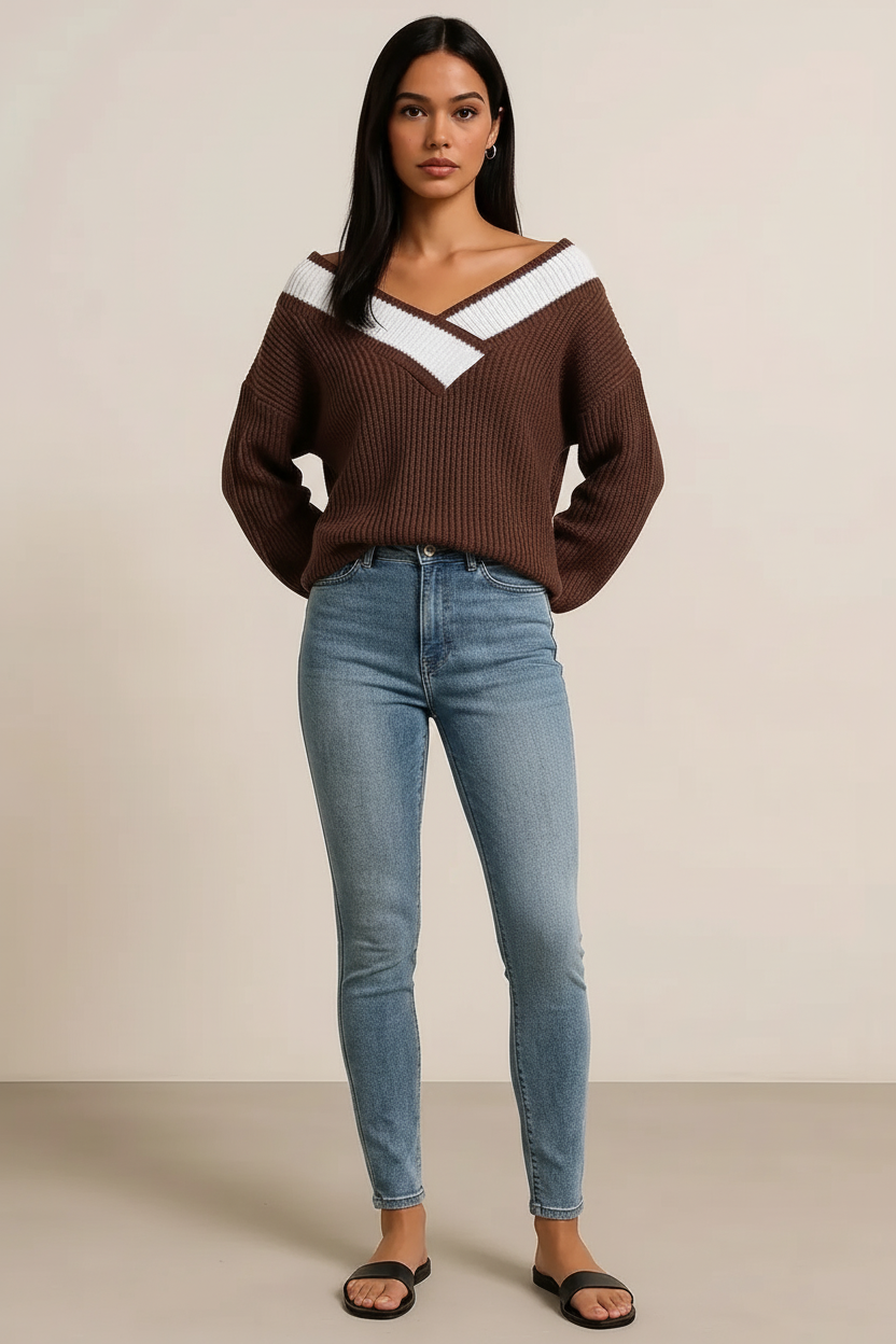 Contrast Dropped Shoulder Long Sleeve Sweater