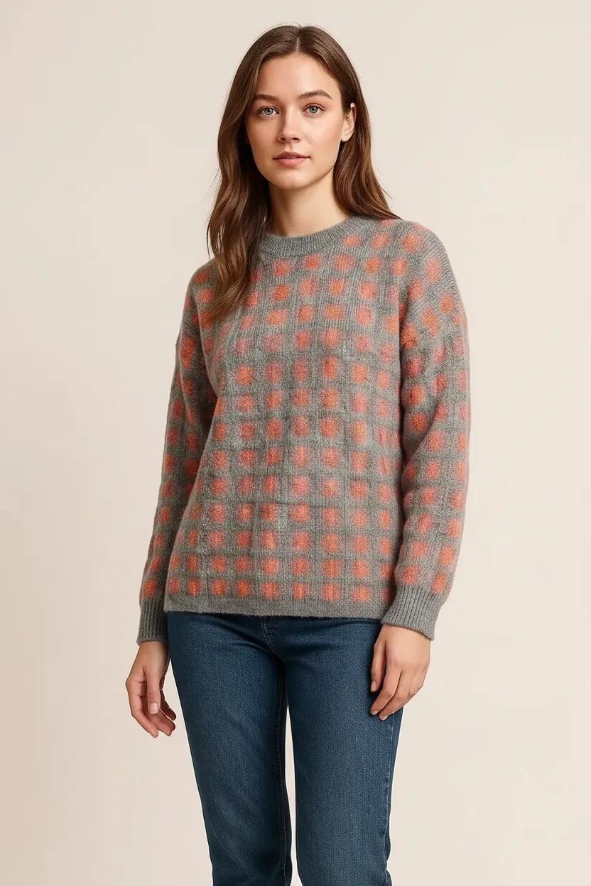 Plaid Round Neck Dropped Shoulder Sweater