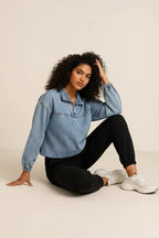 Quarter Zip Collared Neck Denim Top