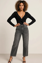 Exposed Stitching Loose Straight High Waist Jeans