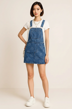 Flower Wide Strap Denim Overall Dress with Pockets