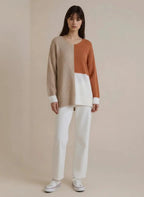 Color Block Knit V Neck Loose Sweater