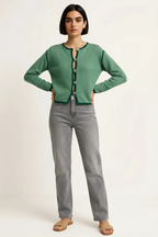 Button-Front Cardigan with Contrast Trim