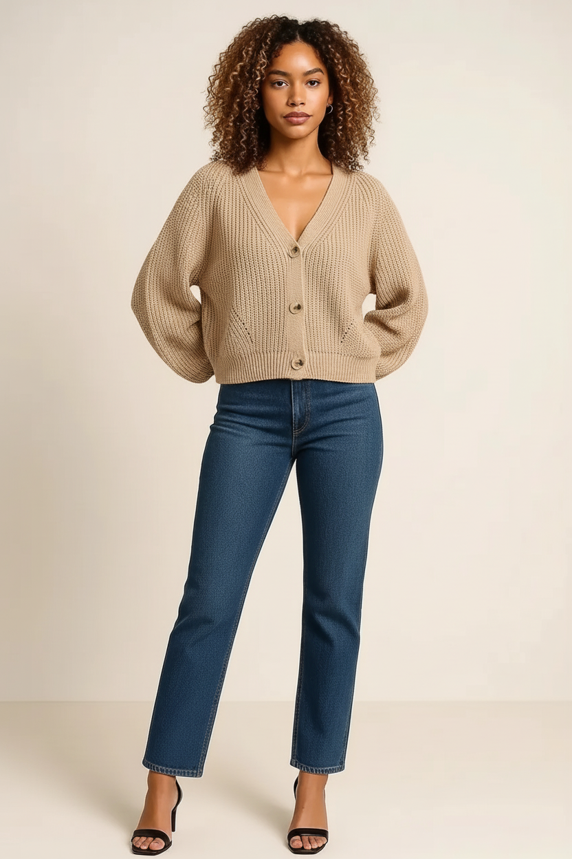 Button Up V-Neck Long Sleeve Cardigan