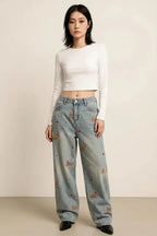 Embroidered Wide Leg Jeans