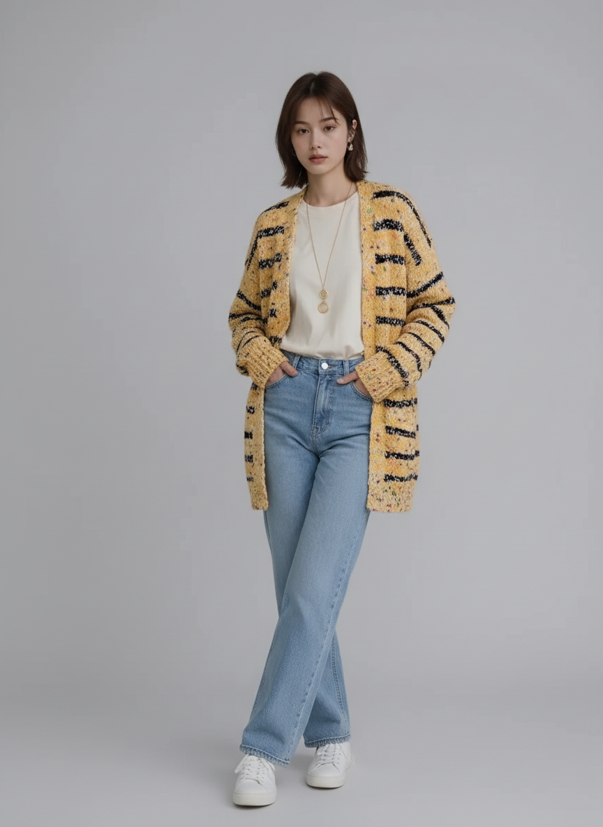 Striped Open Front Long Sleeve Cardigan