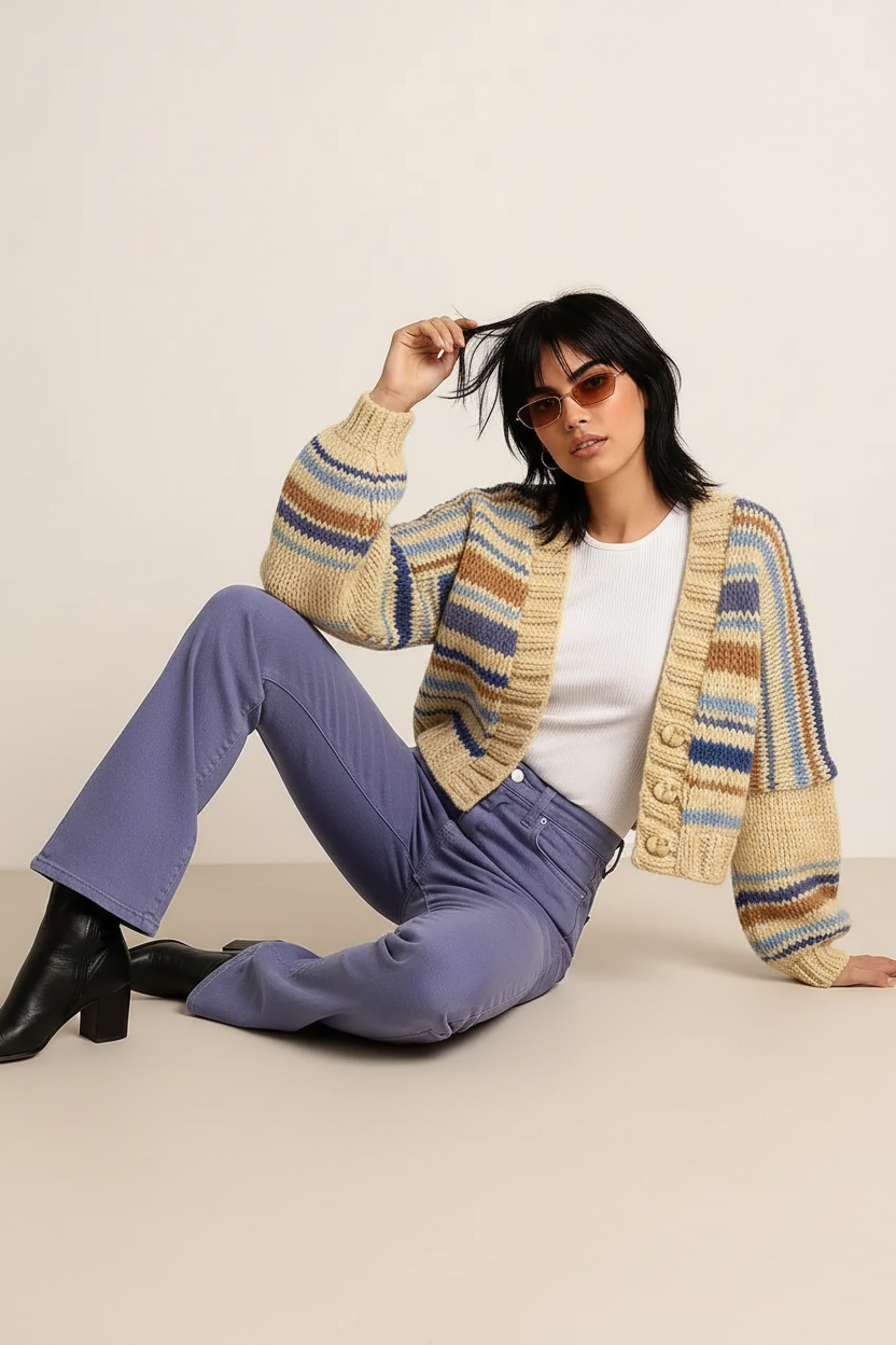 Chunky Knit Striped Cropped Cardigan