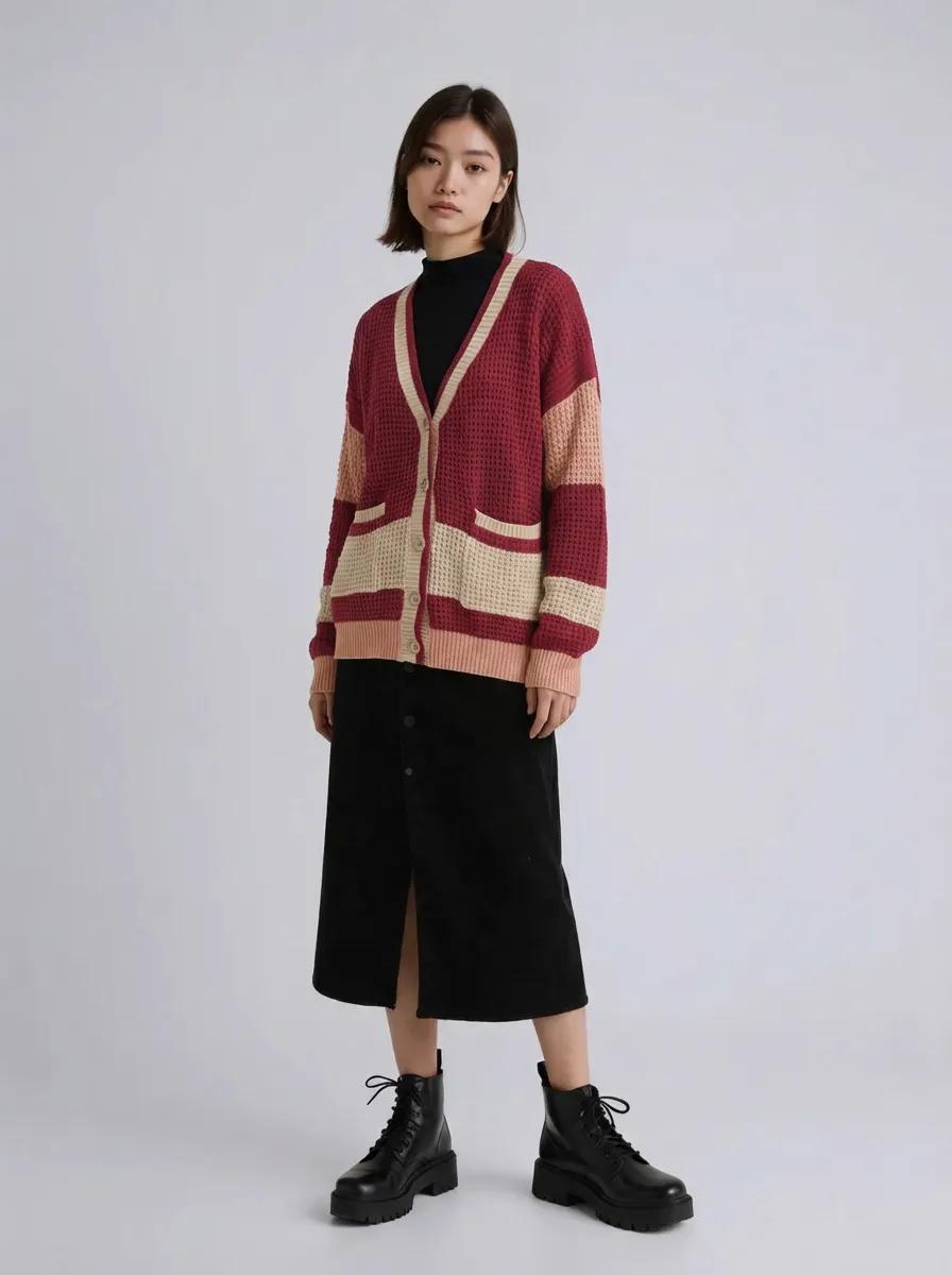 Contrast Button Up Long Sleeve Cardigan