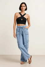 High-Waisted Multi-Pocket Cargo Jeans