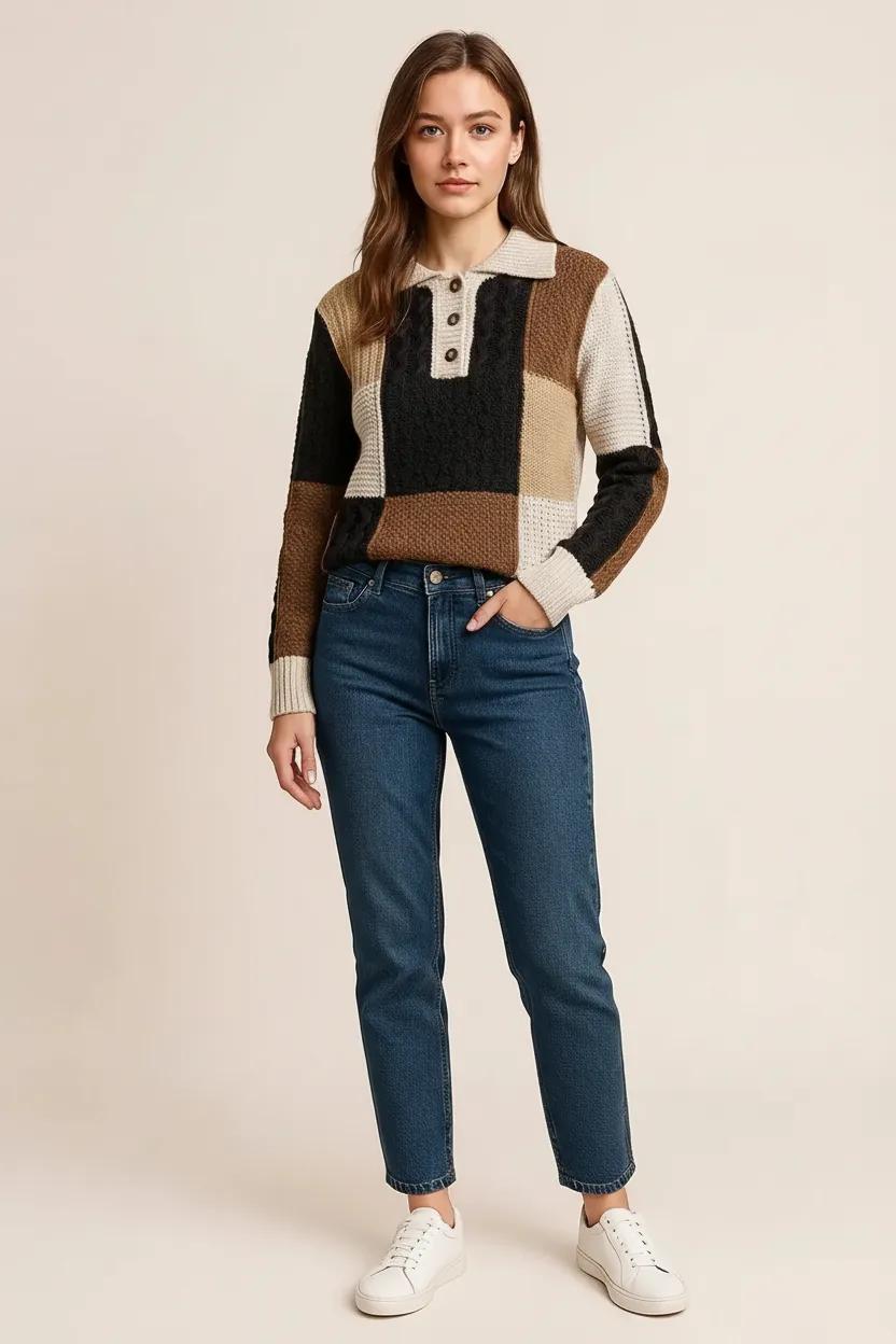 Multicolour Color Block Cable Knit Sleeve Buttons Collared Sweater
