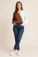 Two-Tone V-Neck Long Sleeve Sweater