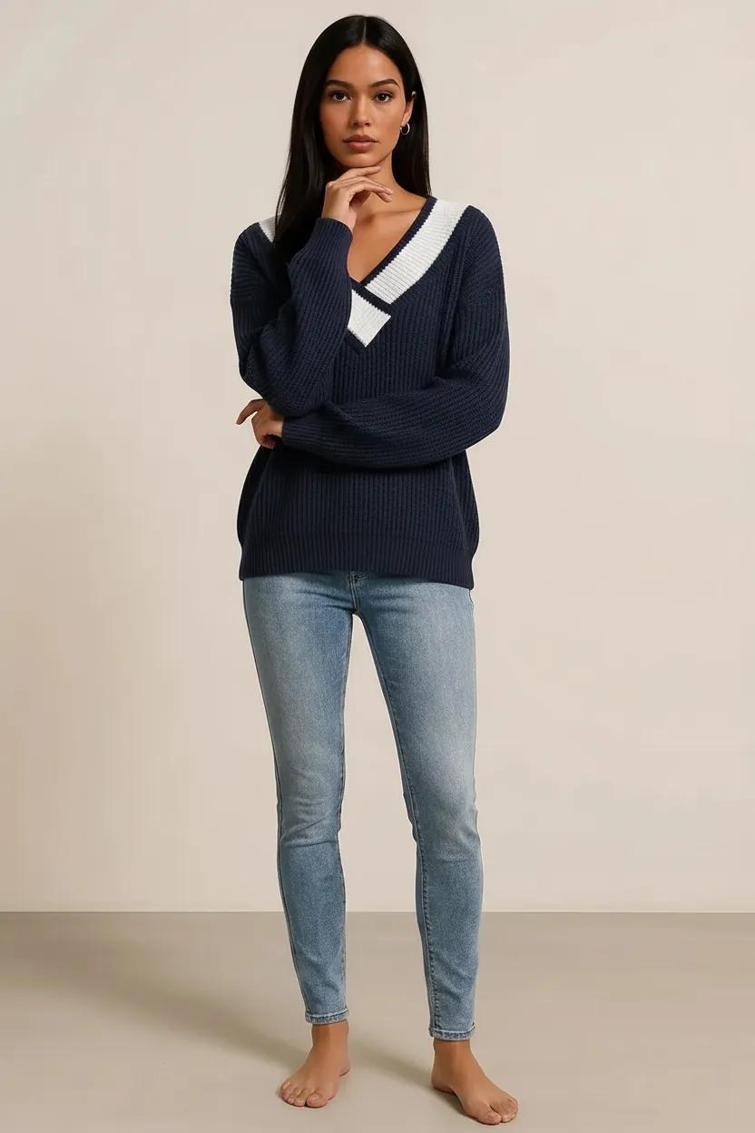 Contrast Dropped Shoulder Long Sleeve Sweater