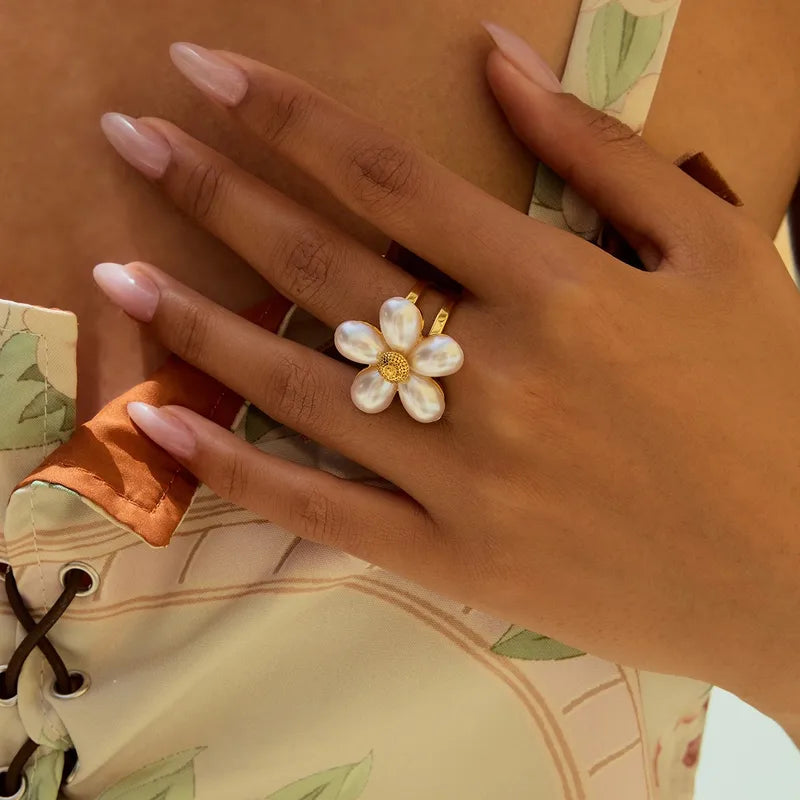 Flower Pearl Open Ring