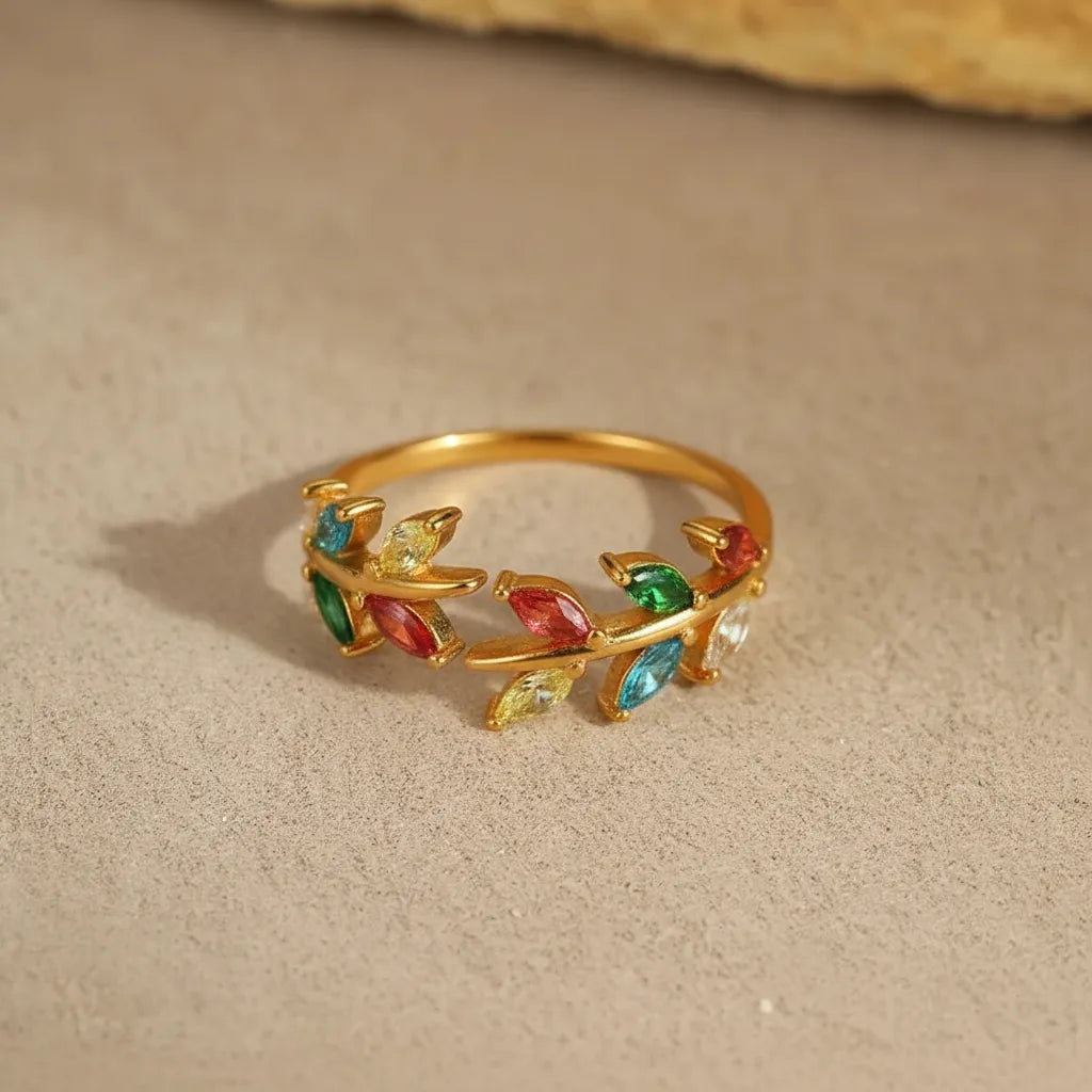 Vintage Touch multicolor Leaf Zircon Open Ring