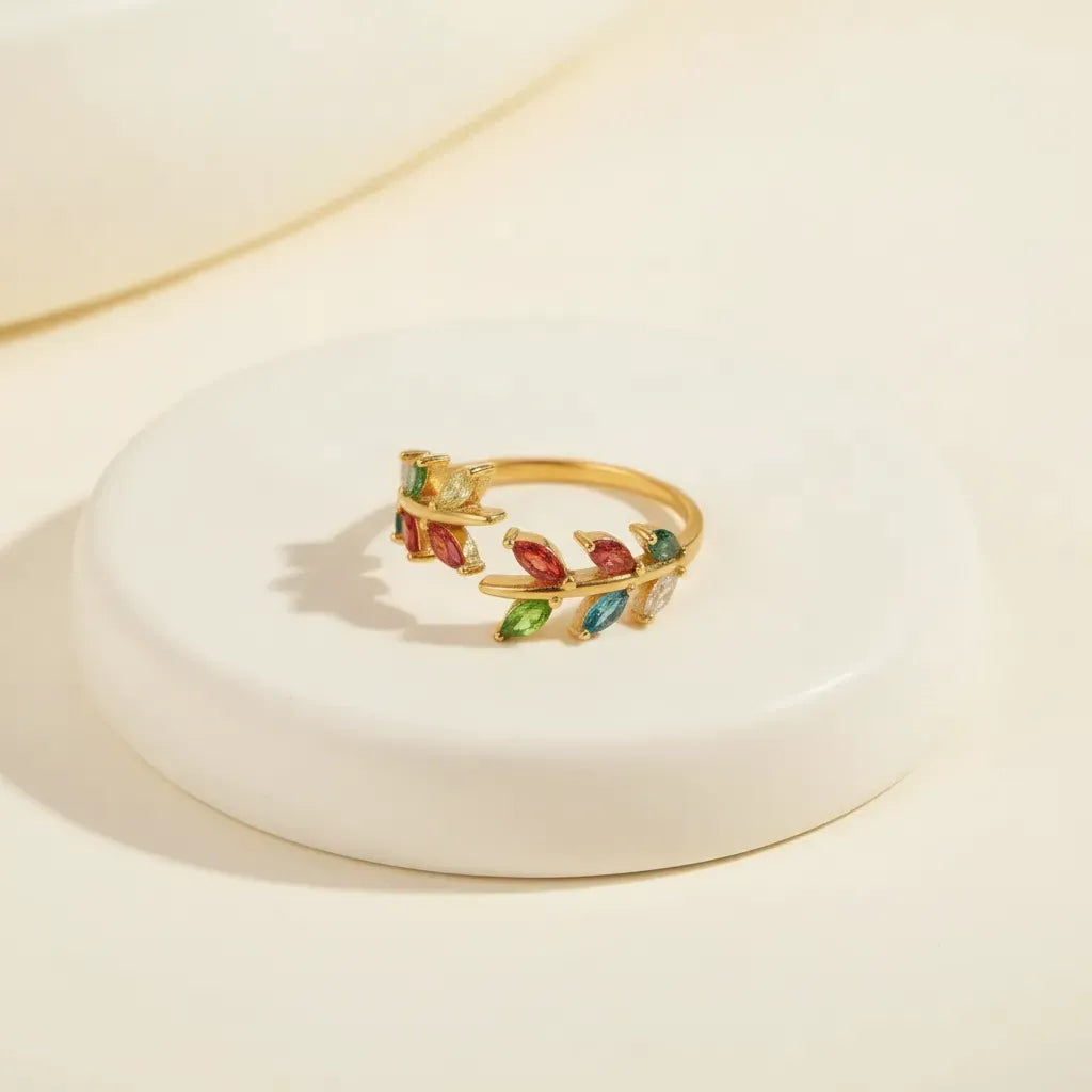 Vintage Touch multicolor Leaf Zircon Open Ring