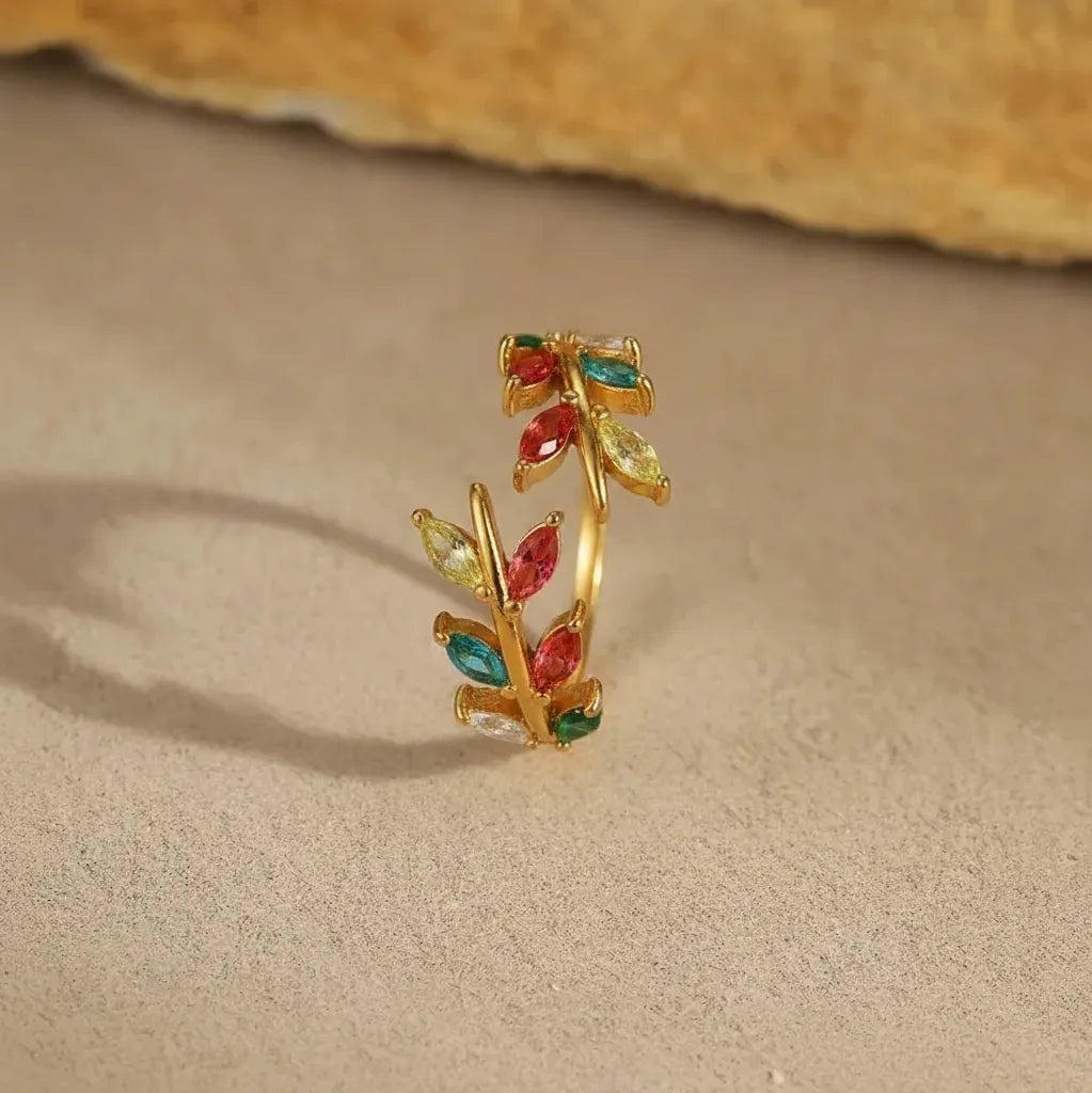 Vintage Touch multicolor Leaf Zircon Open Ring