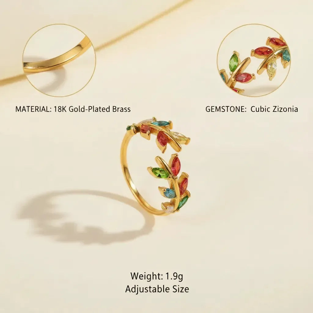Vintage Touch multicolor Leaf Zircon Open Ring