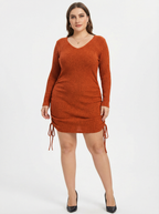 Peachy Ribbed Knit Drawstring Bodycon Sweater Dress Plus Size