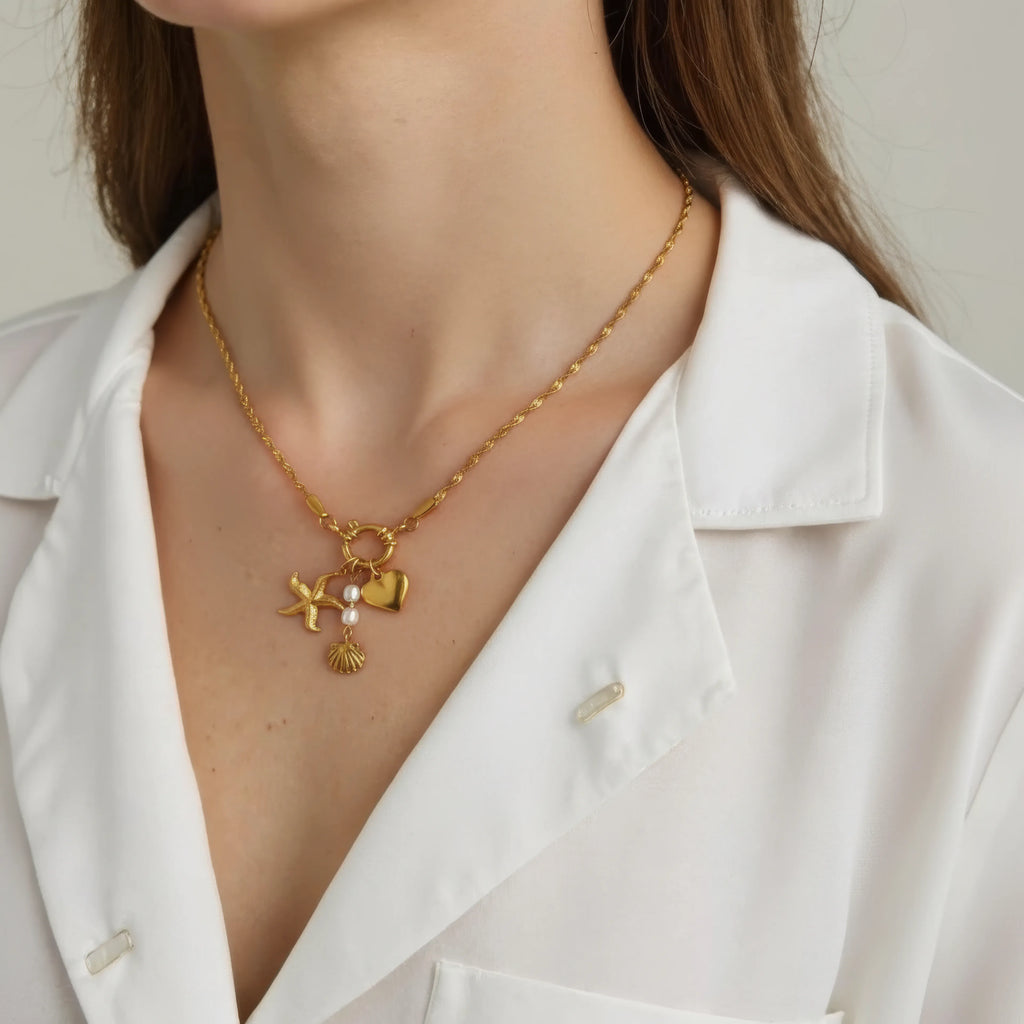 Starfish Shell Pearl Pendant Necklace