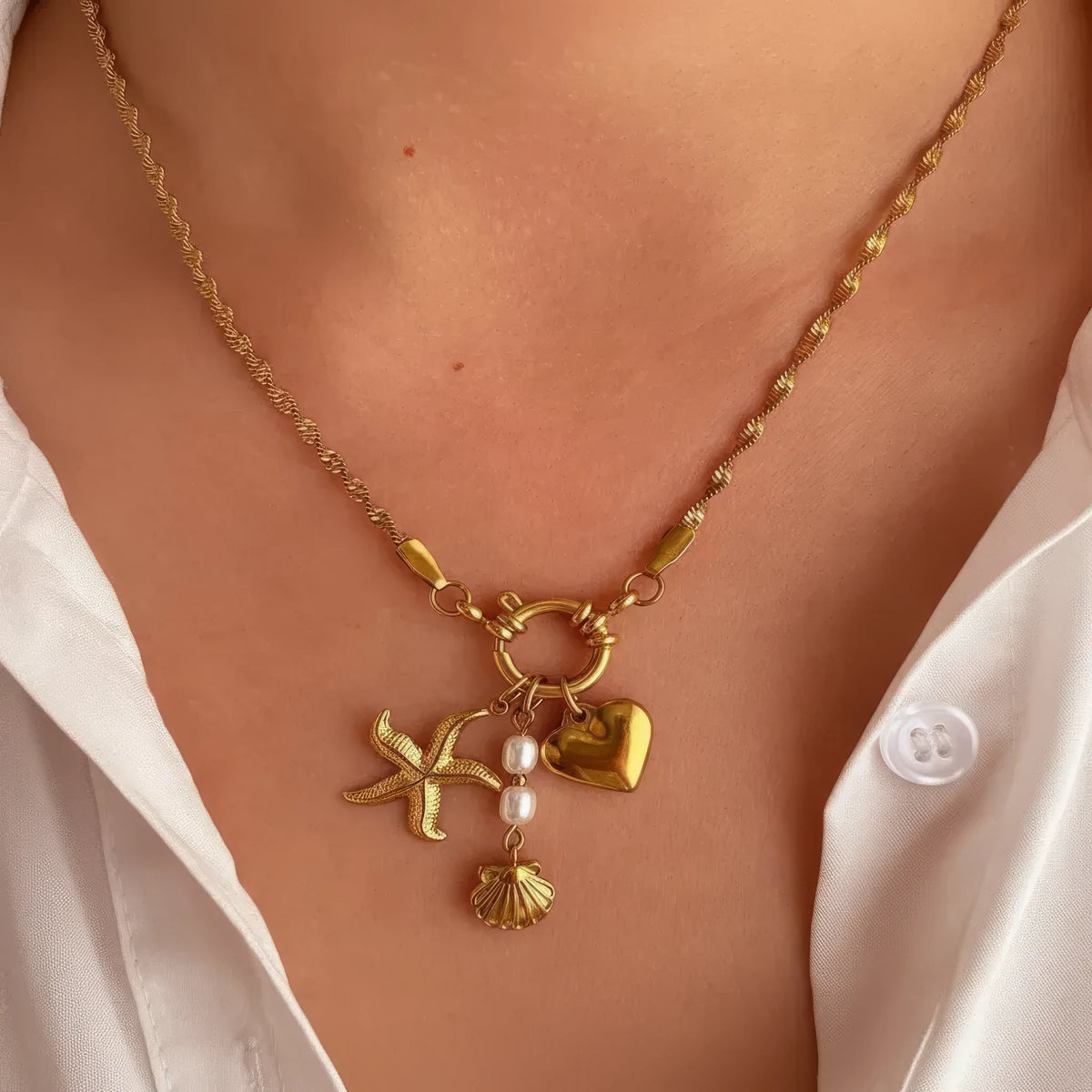Starfish Shell Pearl Pendant Necklace