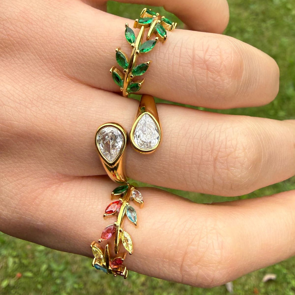 Vintage Touch multicolor Leaf Zircon Open Ring
